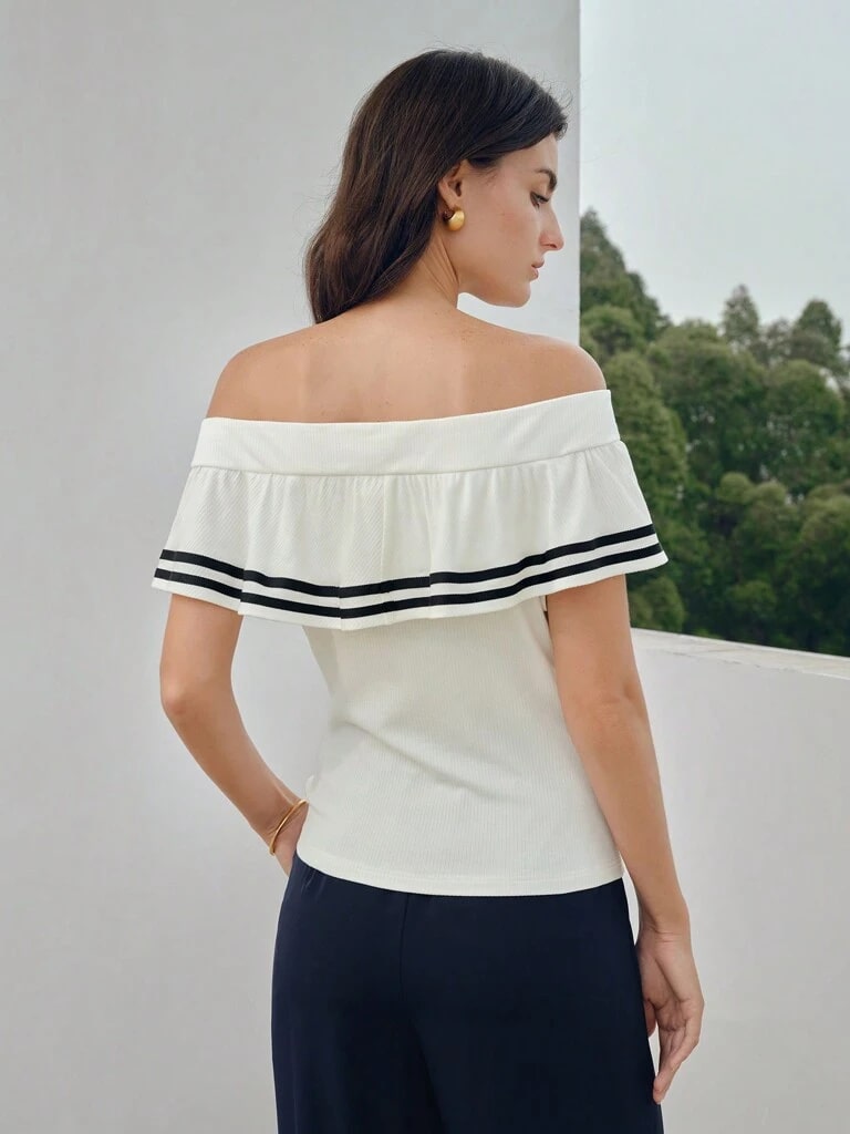 Blusa Feminina Com Babados e Estampa Listrada Branco Rieti