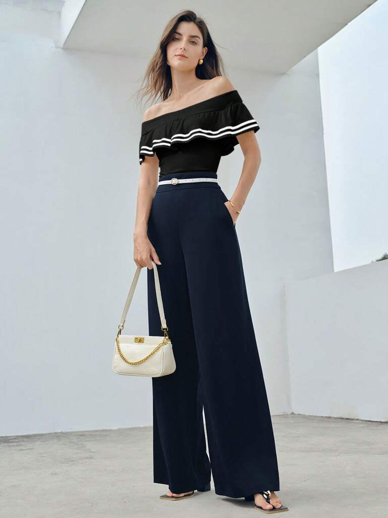 Blusa Feminina Com Babados e Estampa Listrada Preto Rieti