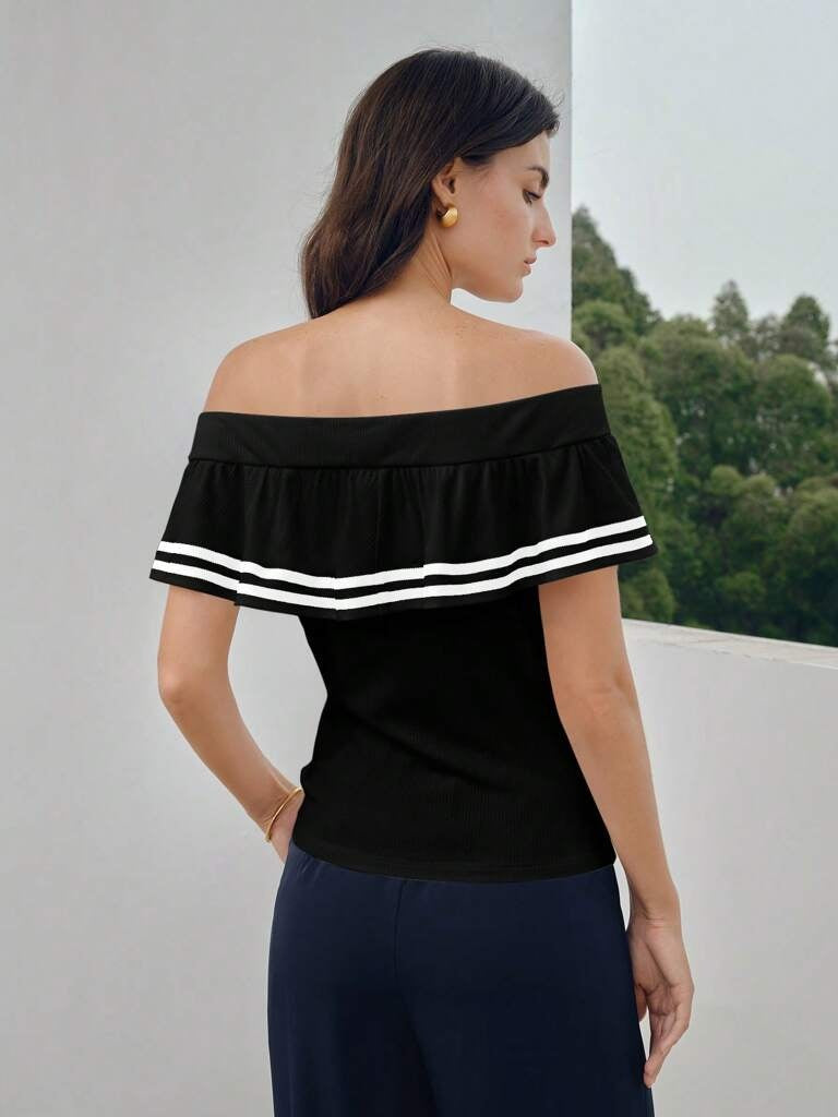 Blusa Feminina Com Babados e Estampa Listrada Preto Rieti