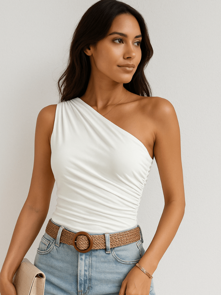 Blusa Feminina Guila Um Ombro Pregueada Branco