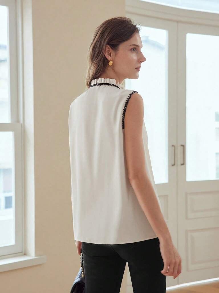 Blusa Feminina Plissada com Laços Gola Alta Gênova