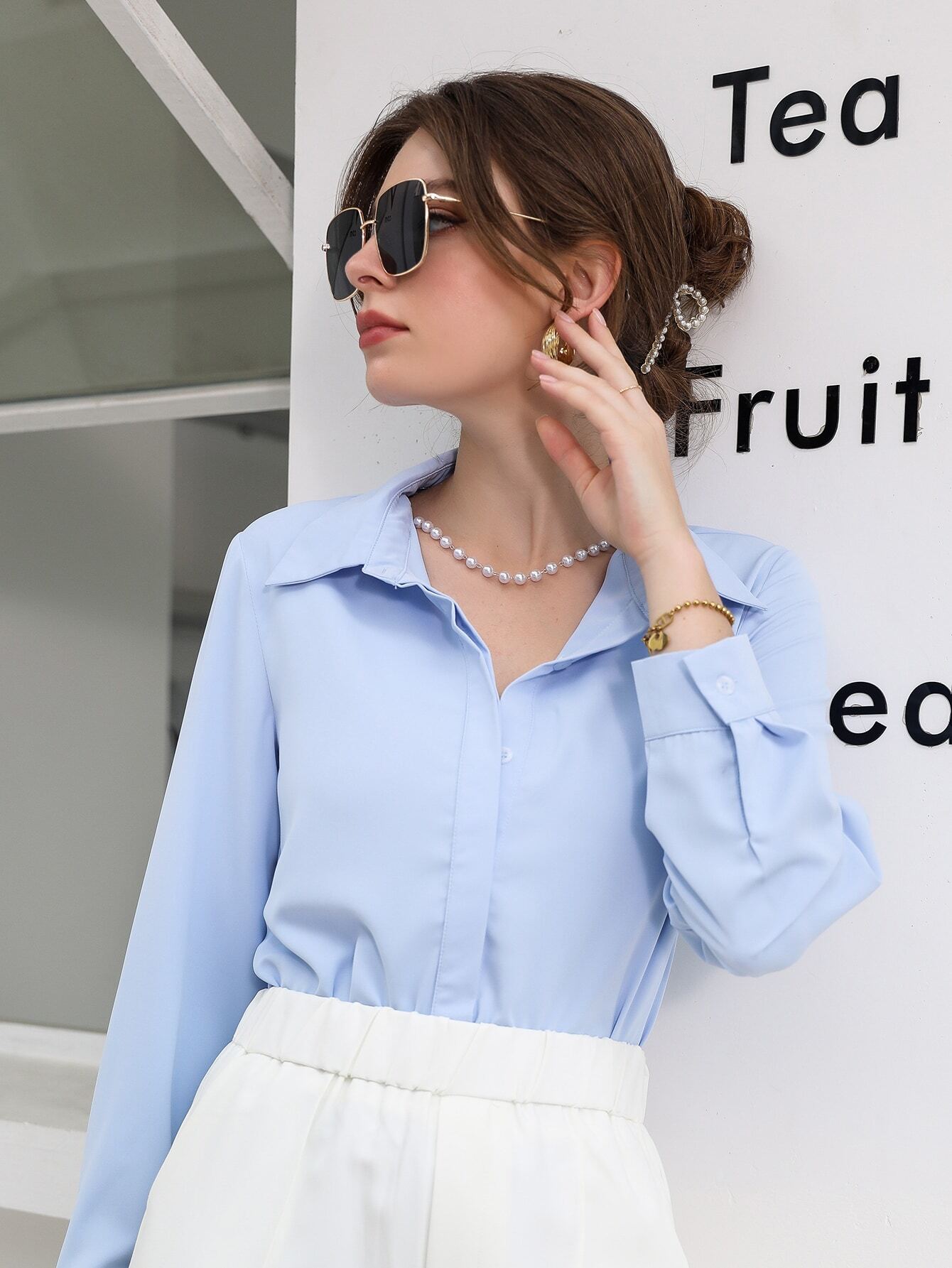 Blusa Feminina Social Manga Longa Azul