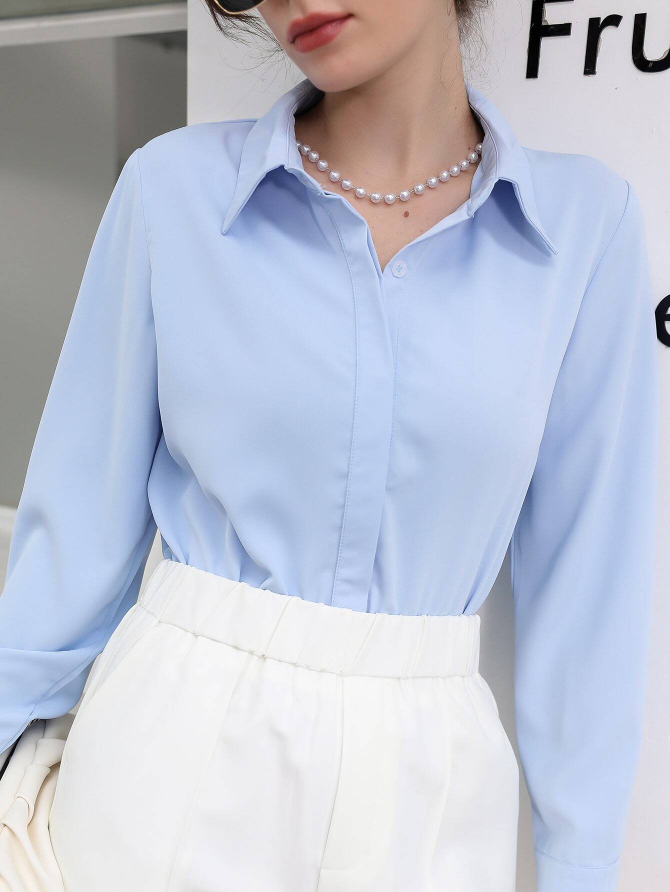 Blusa Feminina Social Manga Longa Azul