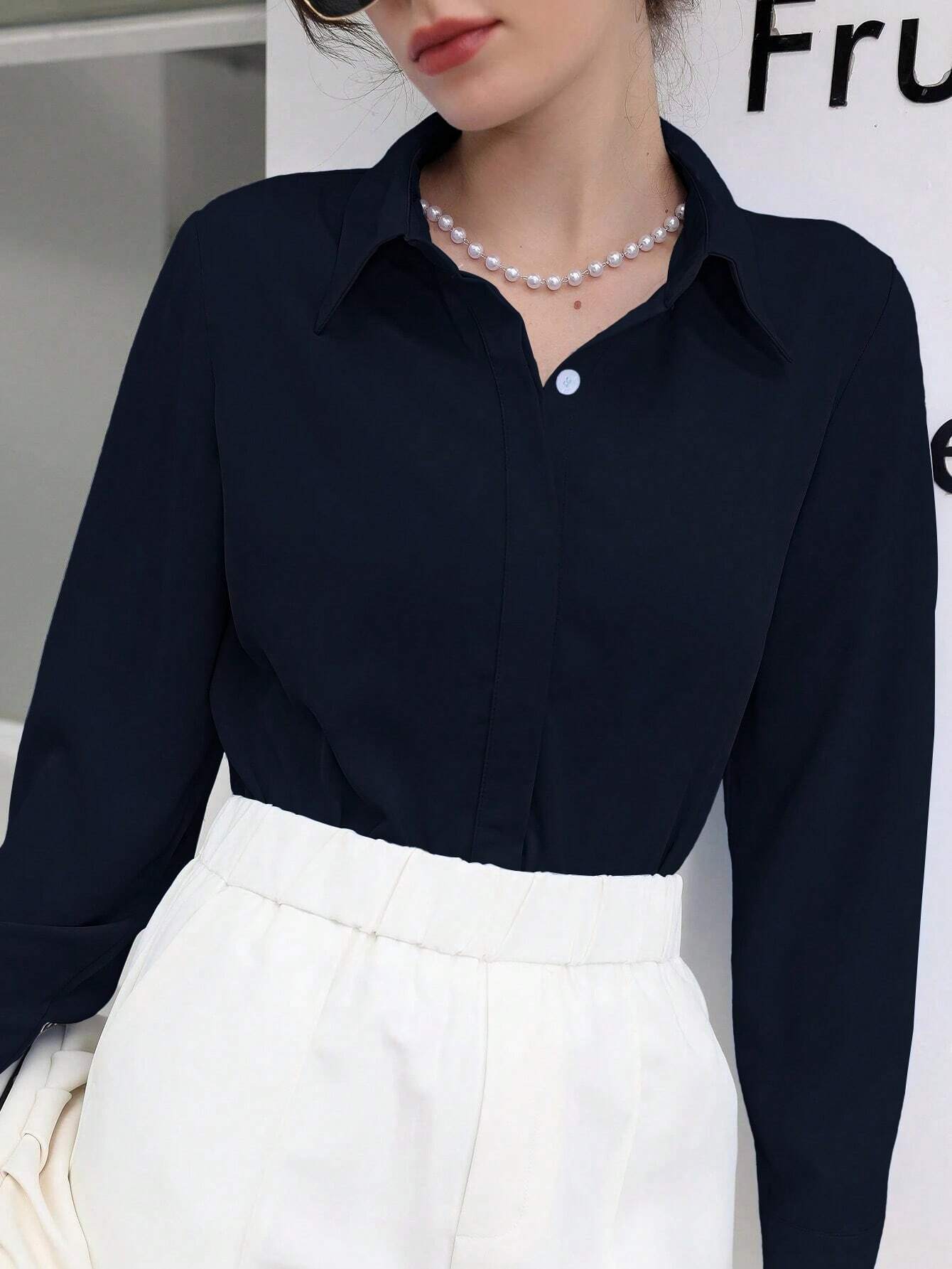 Blusa Feminina Social Manga Longa Azul Marinho