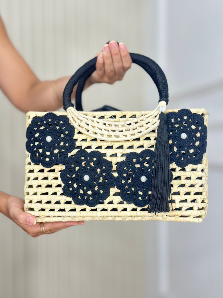 Bolsa de Palha Cesto Grande Flores em Crochê Celestita