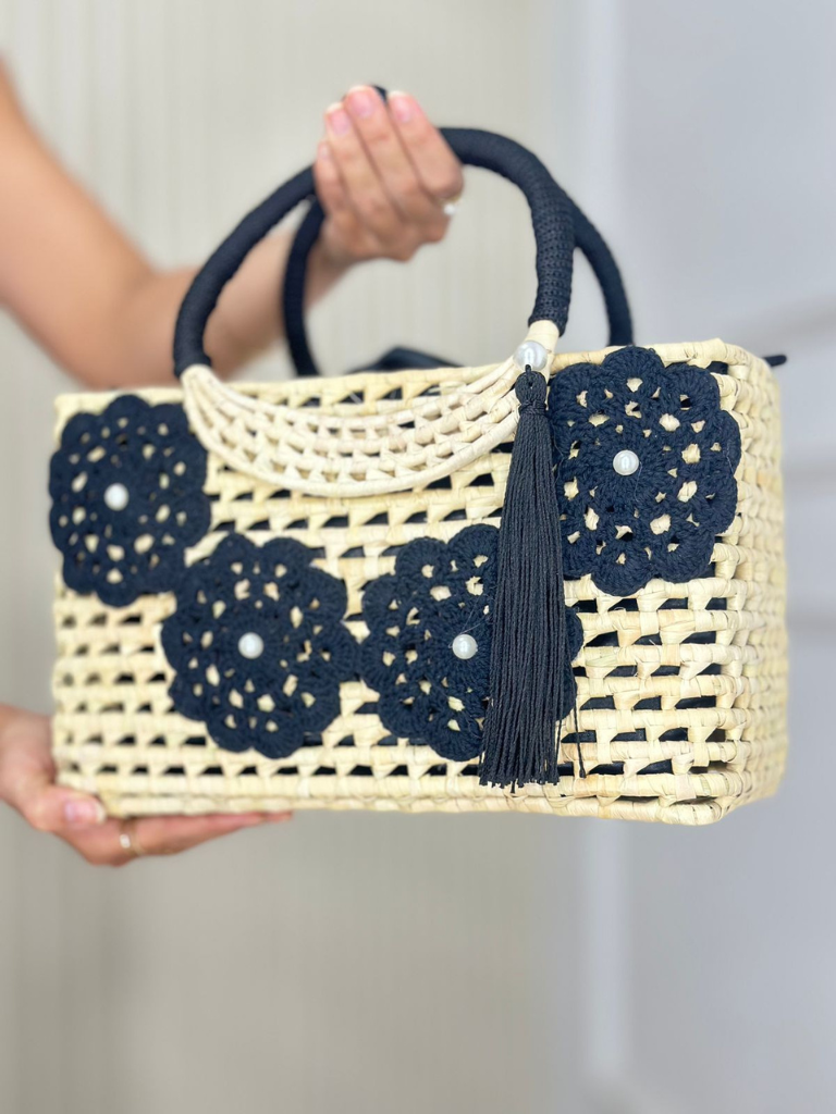 Bolsa de Palha Cesto Grande Flores em Crochê Celestita