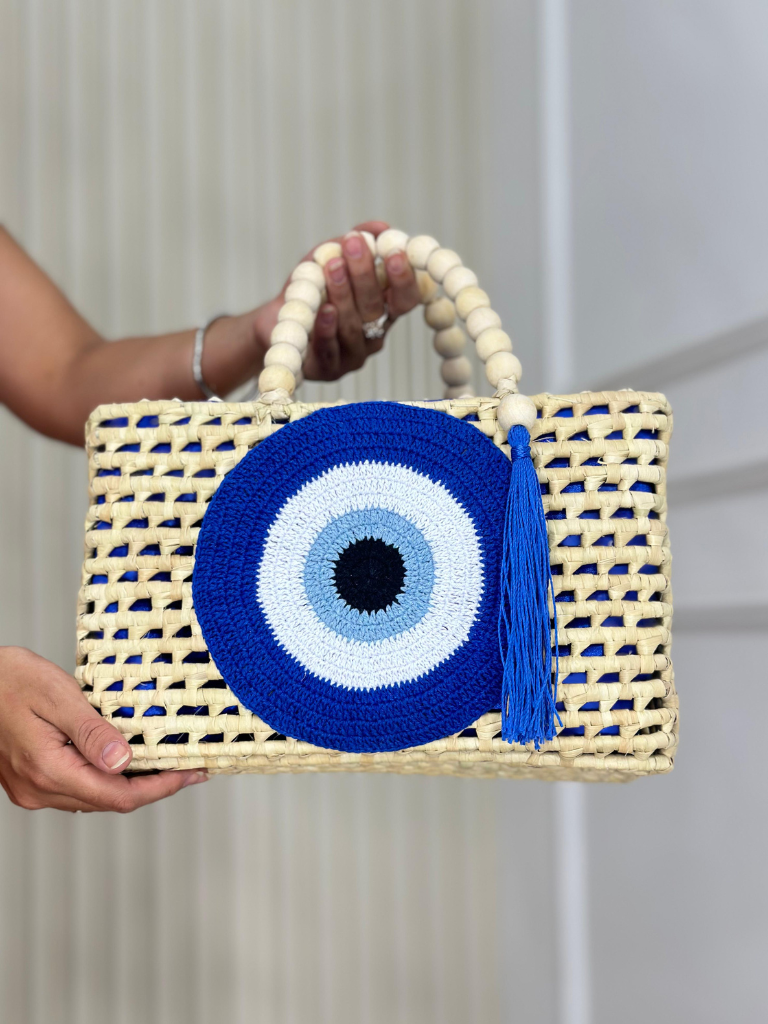 Bolsa de Palha Olho Grego em Crochê Tansanita
