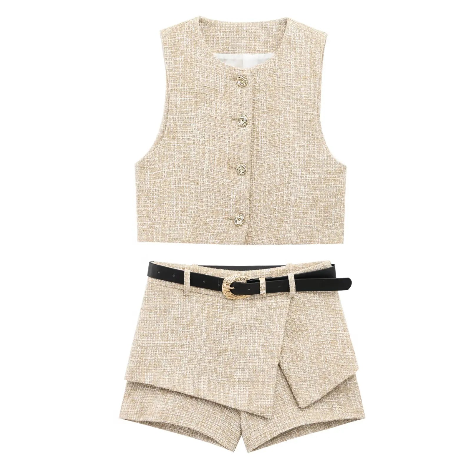 Conjunto Feminino 2 Peças com Cinto Cáqui Claro