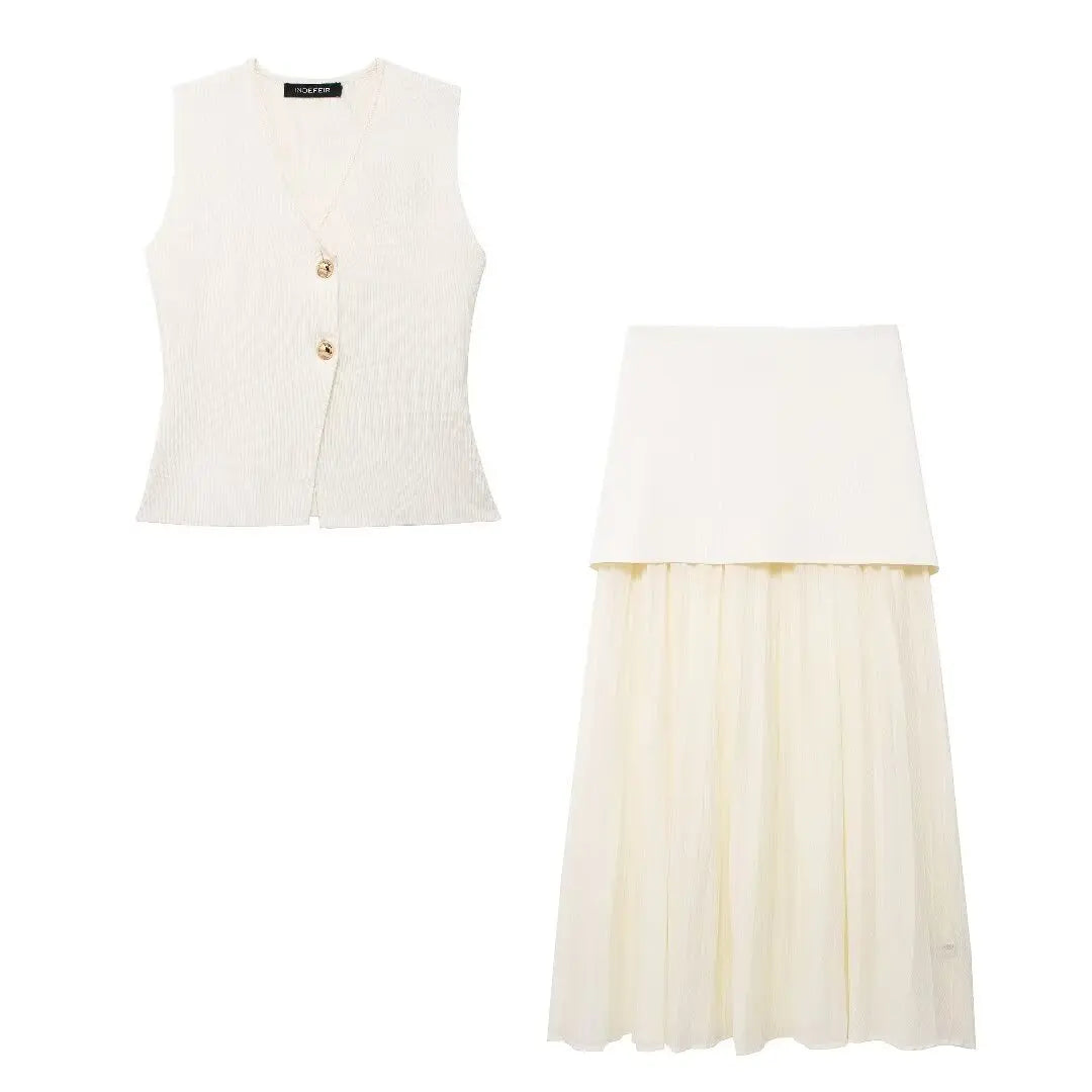 Conjunto Feminino Blusa e Saia Decote em V Cintura Alta Rute