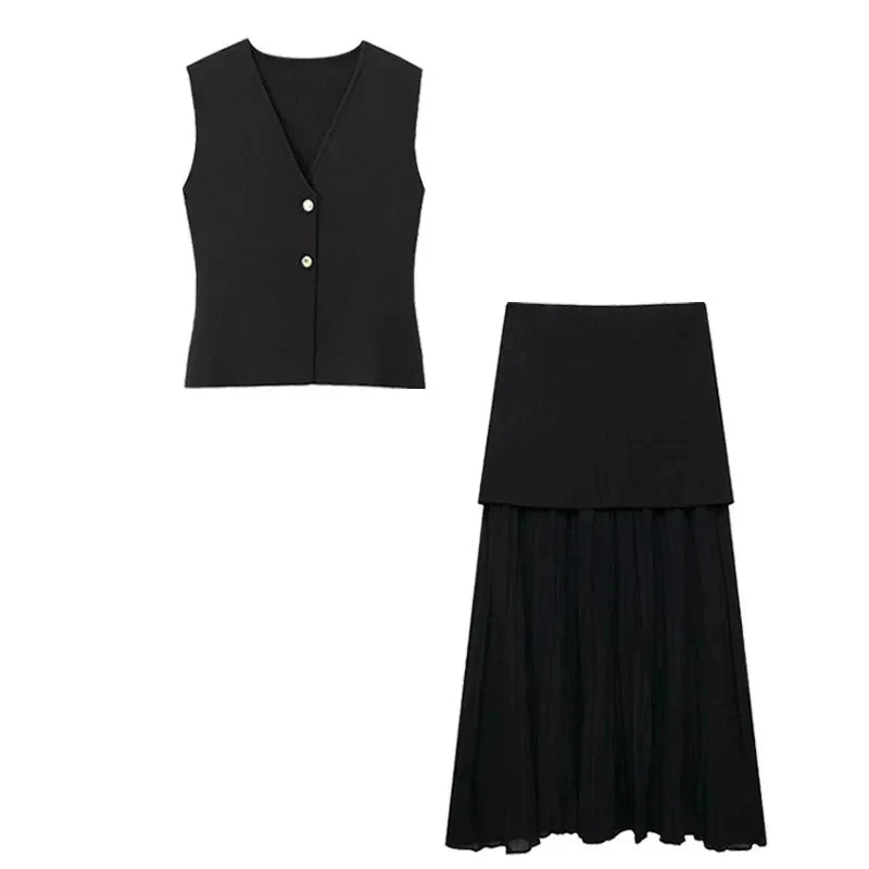 Conjunto Feminino Blusa e Saia Decote em V Cintura Alta Rute