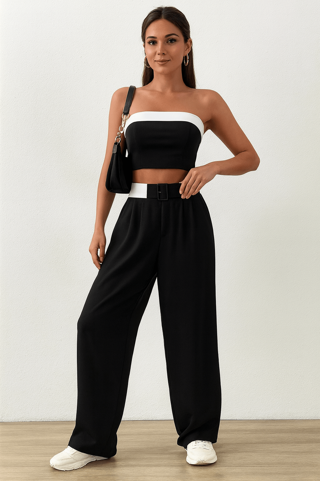 Conjunto Feminino Calça Pantalona e Cropped Helena Preto
