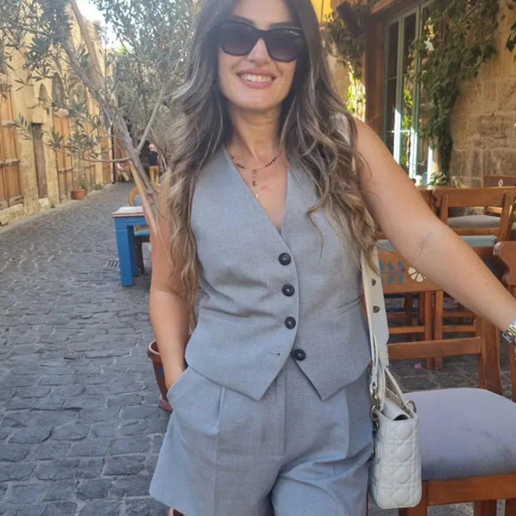 Conjunto Feminino Decote em V Cintura Alta Cinza Gabi