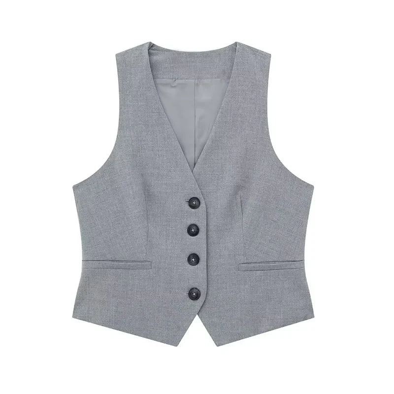 Conjunto Feminino Decote em V Cintura Alta Cinza Gabi