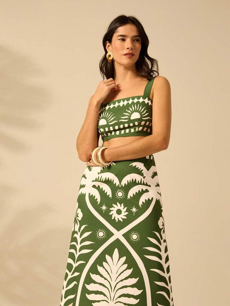 Conjunto Feminino Estampa Tropical Verde Zurique