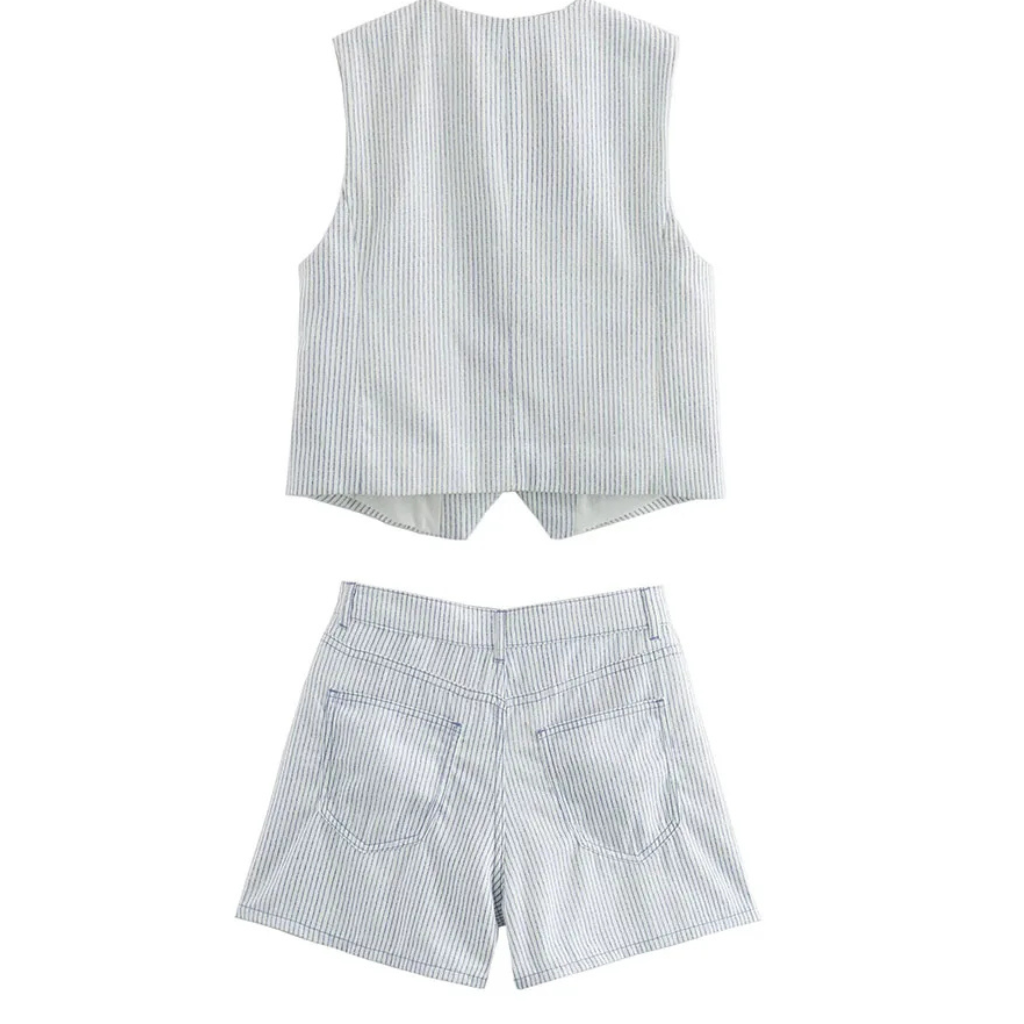 Conjunto Feminino Listrado Branco Decote V Cintura Alta Hag