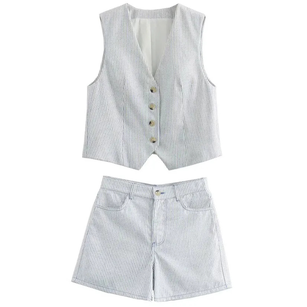 Conjunto Feminino Listrado Branco Decote V Cintura Alta Hag