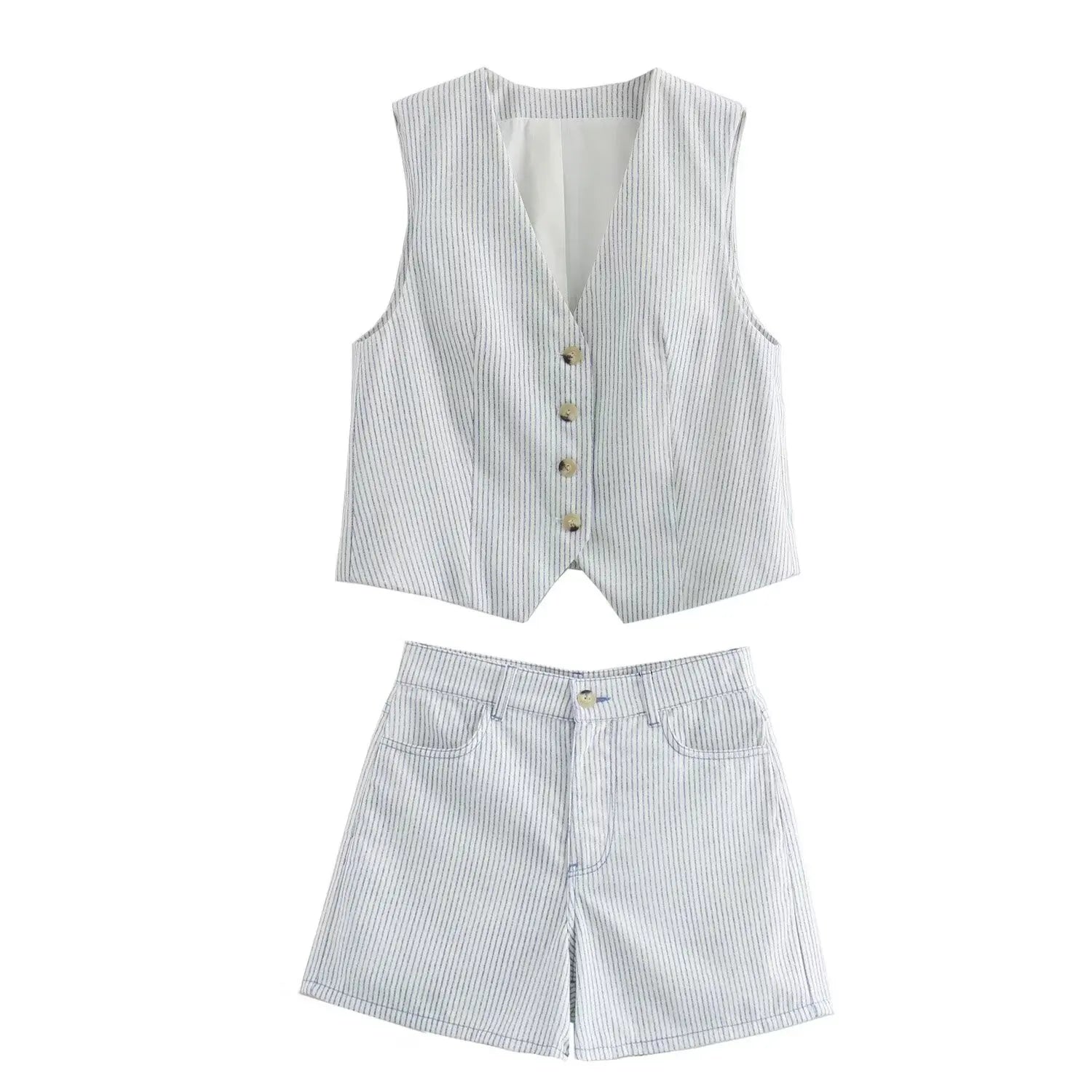 Conjunto Feminino Listrado Branco Decote V Cintura Alta Hag