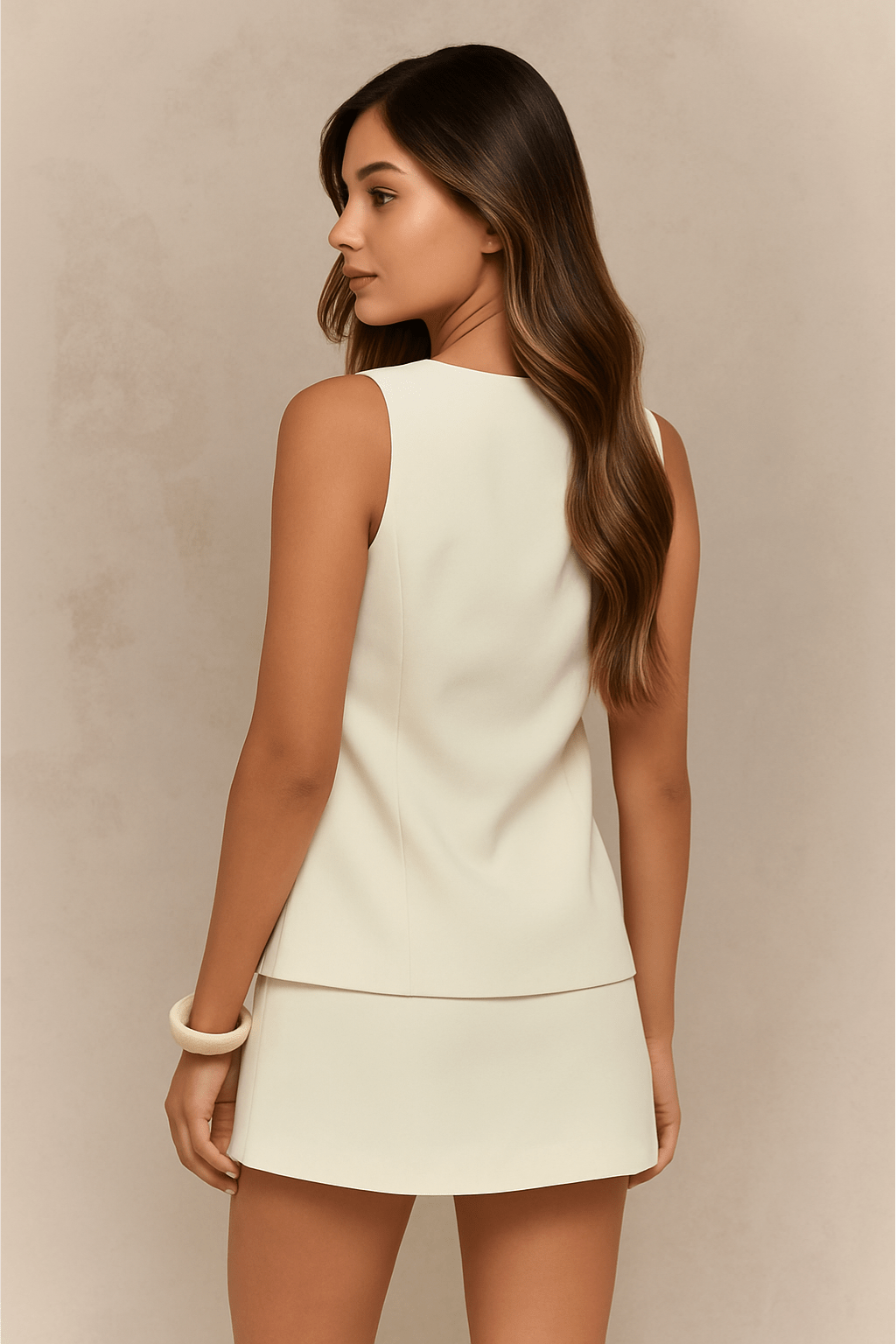 Conjunto Feminino Saia e Colete Alfaiataria Mariane Bege