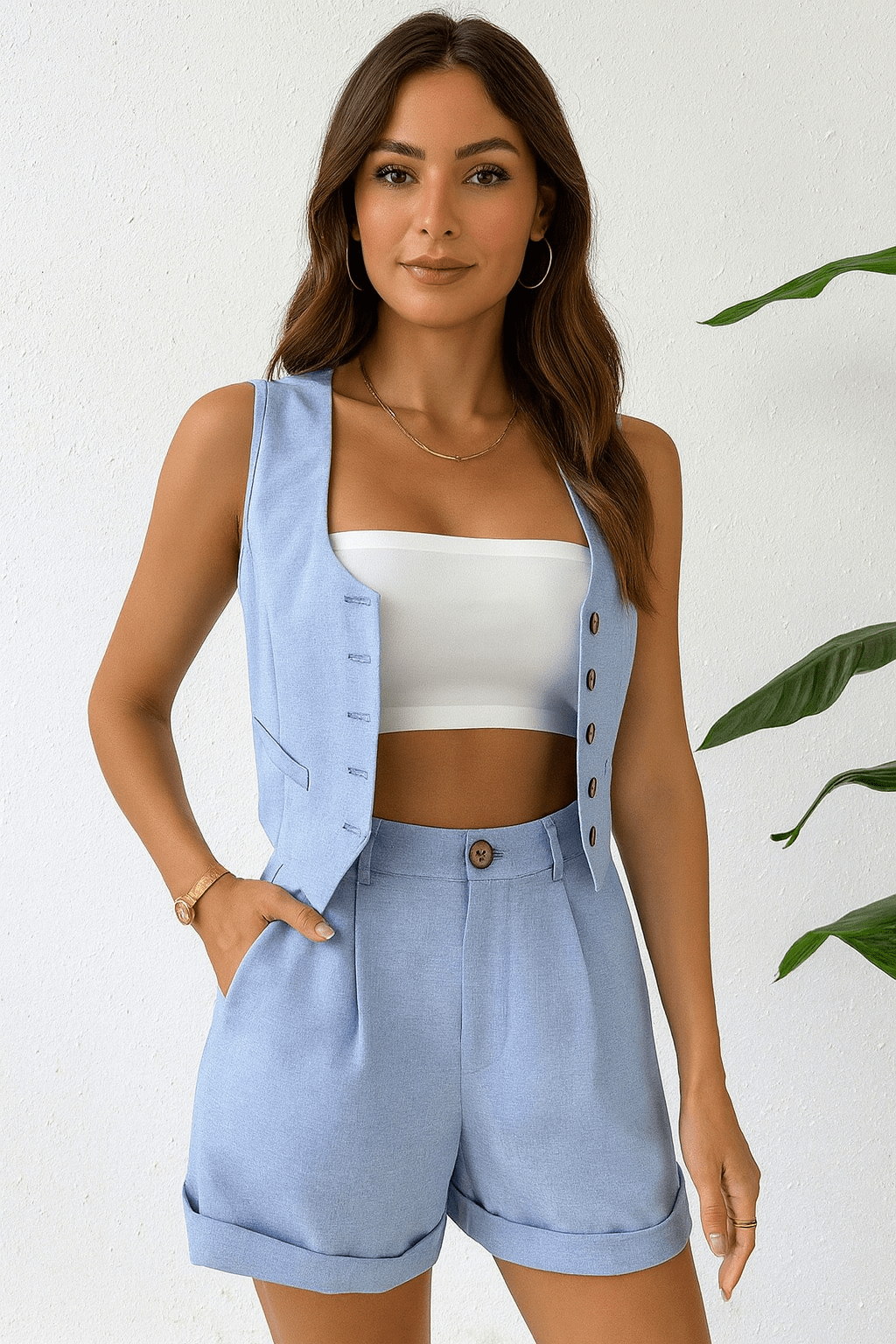 Conjunto Feminino Short e Colete Azul