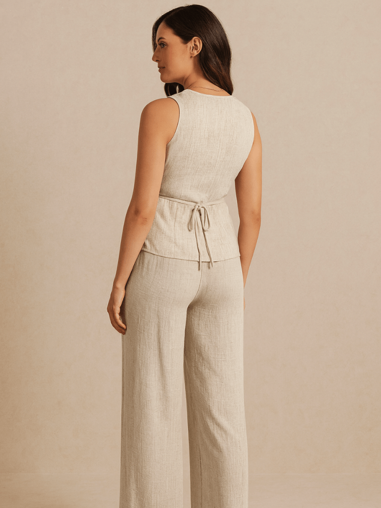 Conjunto Feminino no Linho Calça e Colete Cáqui