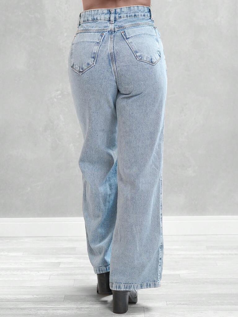 Jeans Calça Feminina Corte Reto Cintura Alta Lavagem Clara