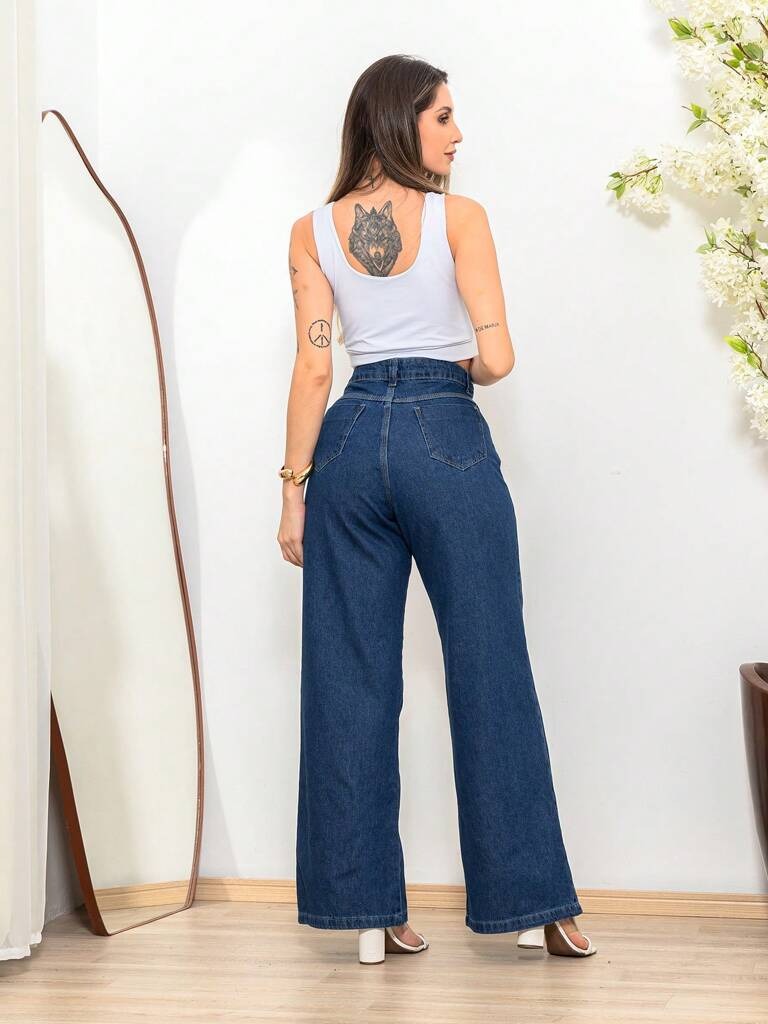 Jeans Calça Feminina Wide Leg Tecido Grosso Lavagem Azul