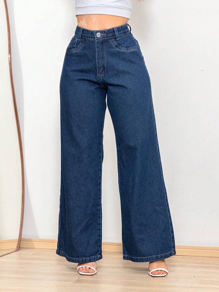 Jeans Calça Feminina Wide Leg Tecido Grosso Lavagem Azul