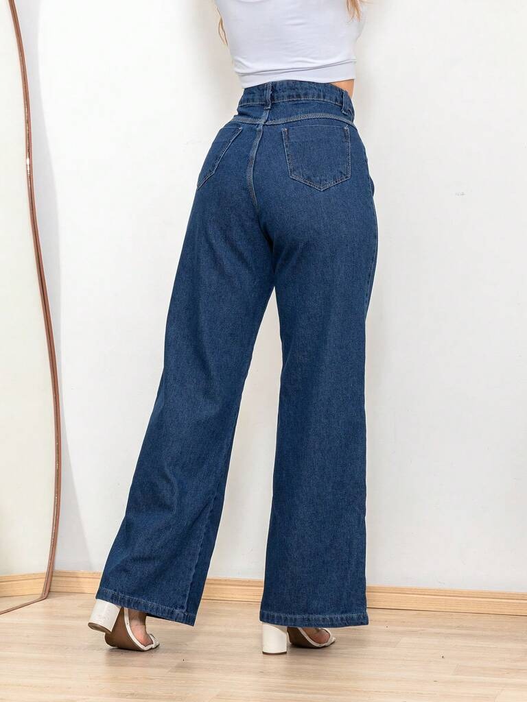 Jeans Calça Feminina Wide Leg Tecido Grosso Lavagem Azul