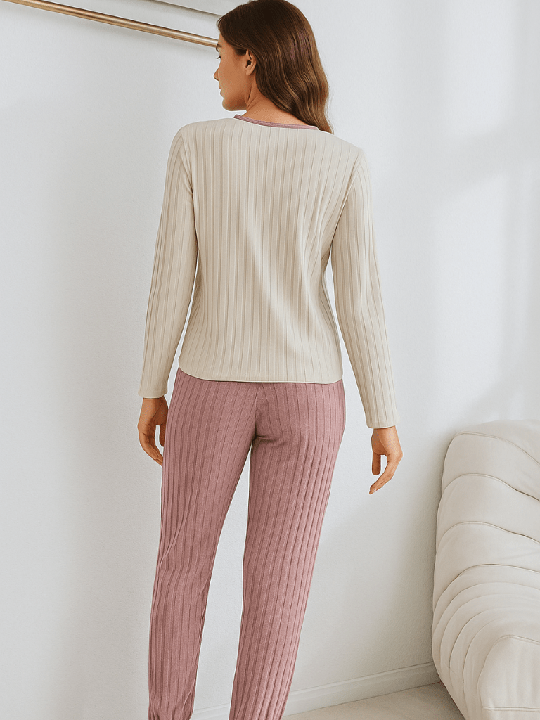Pijama Feminino Conjunto Manga Comprida Rosa Empoeirado