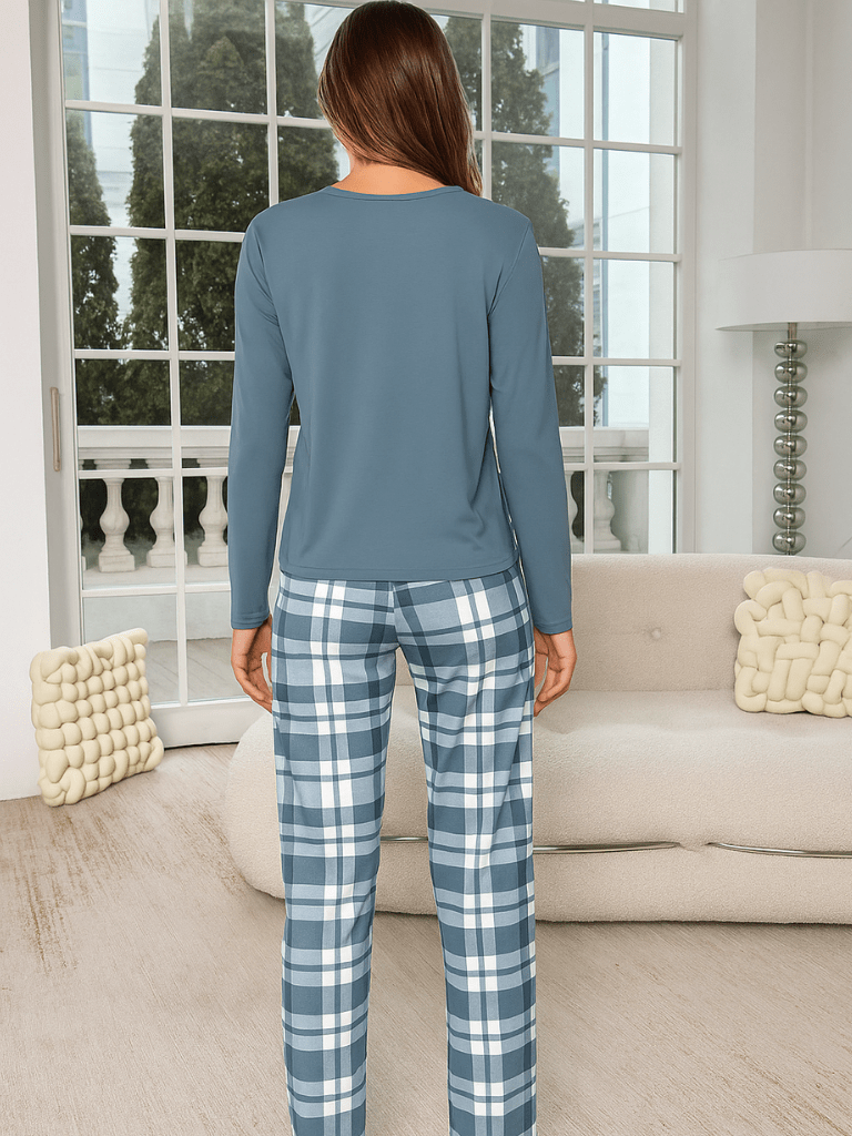 Pijama Feminino Conjunto Manga Comprida Xadrez Azul