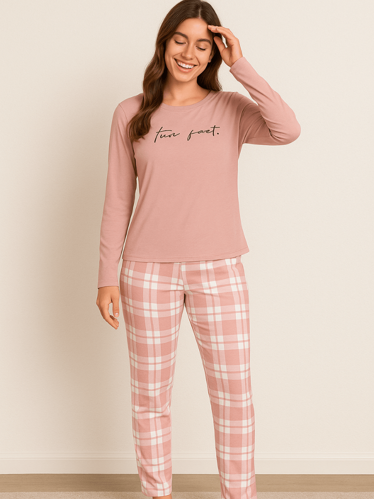 Pijama Feminino Conjunto Manga Comprida Xadrez Rosa