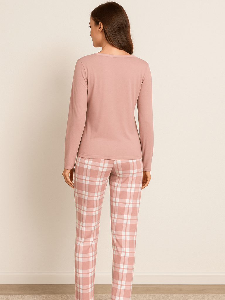 Pijama Feminino Conjunto Manga Comprida Xadrez Rosa