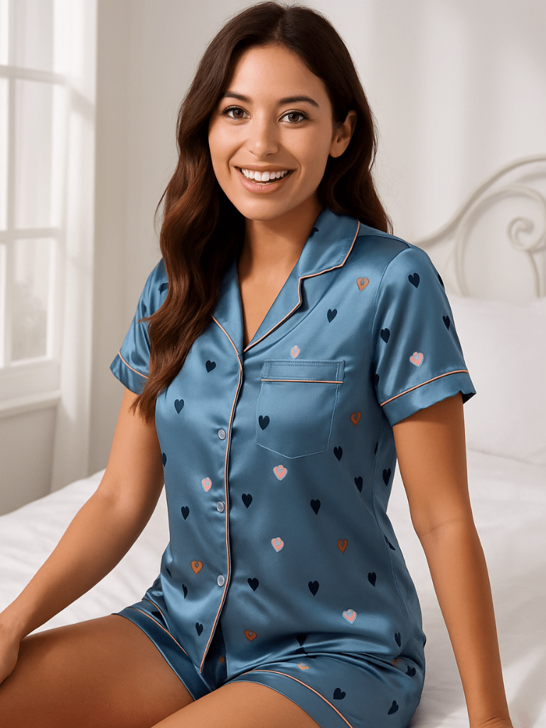 Pijama Feminino Conjunto Manga Curta Cetim Estampa de Coração Azul