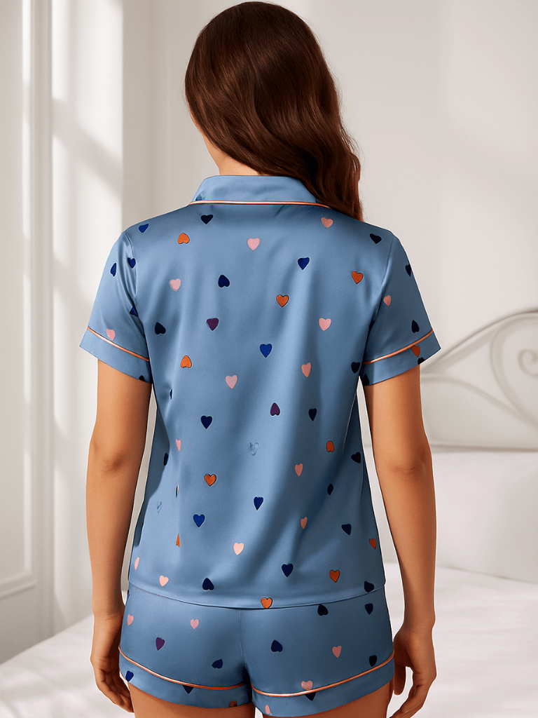 Pijama Feminino Conjunto Manga Curta Cetim Estampa de Coração Azul