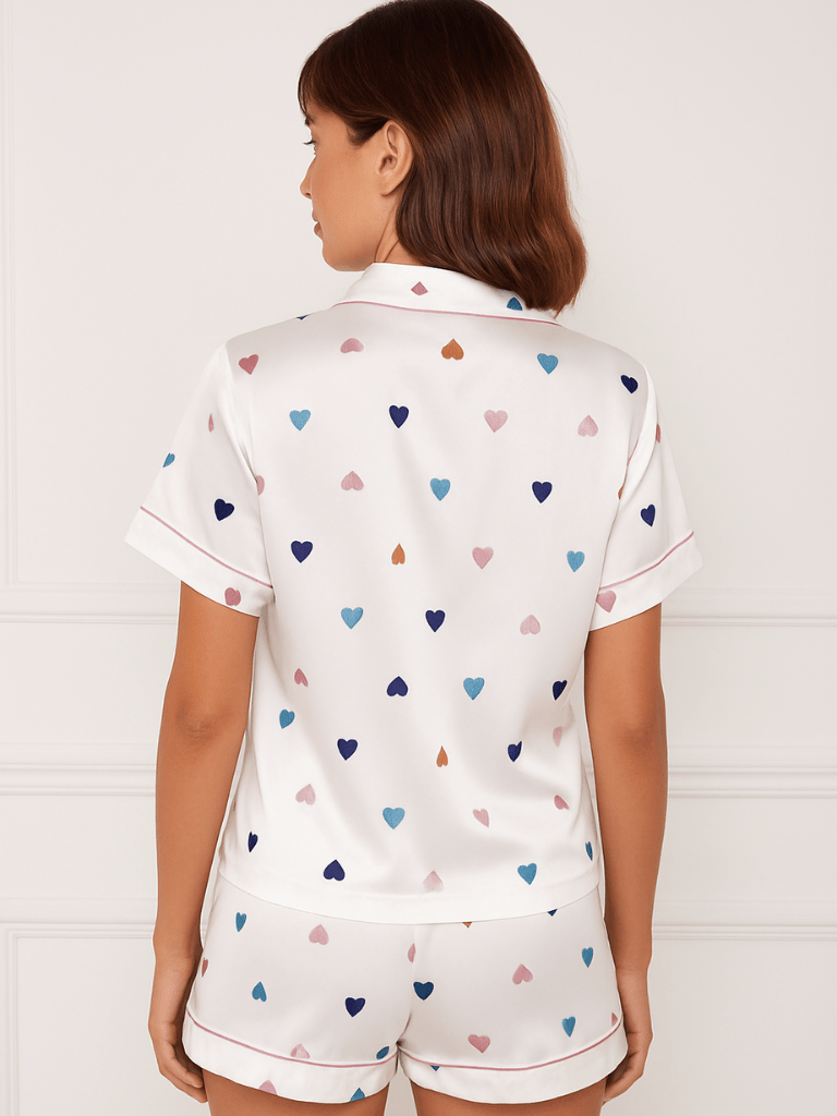 Pijama Feminino Conjunto Manga Curta Cetim Estampa de Coração Branco