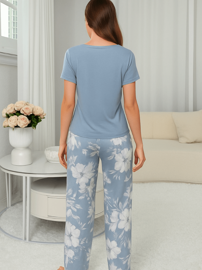 Pijama Feminino Conjunto Seda Manga Curta Cinza