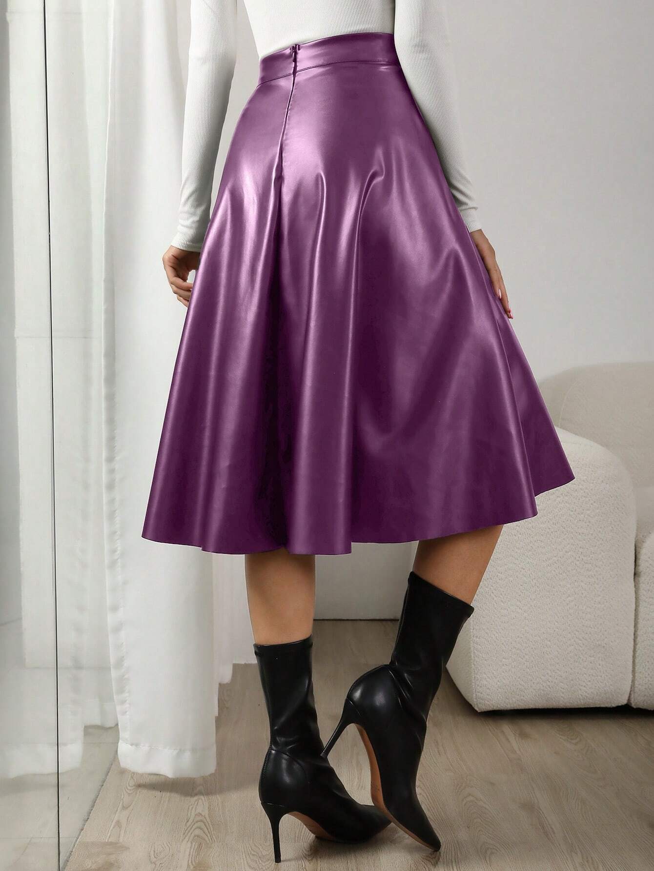 Saia Midi Couro Eco Cintura Alta Roxo