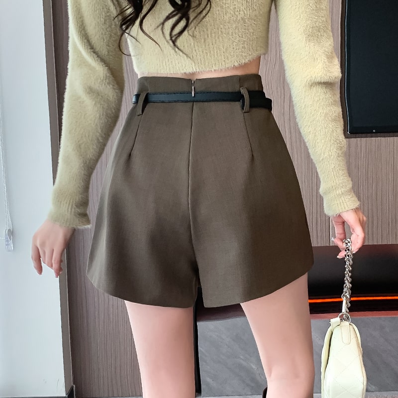 Short Saia Feminino Alfaiataria Marrom Com Cinto