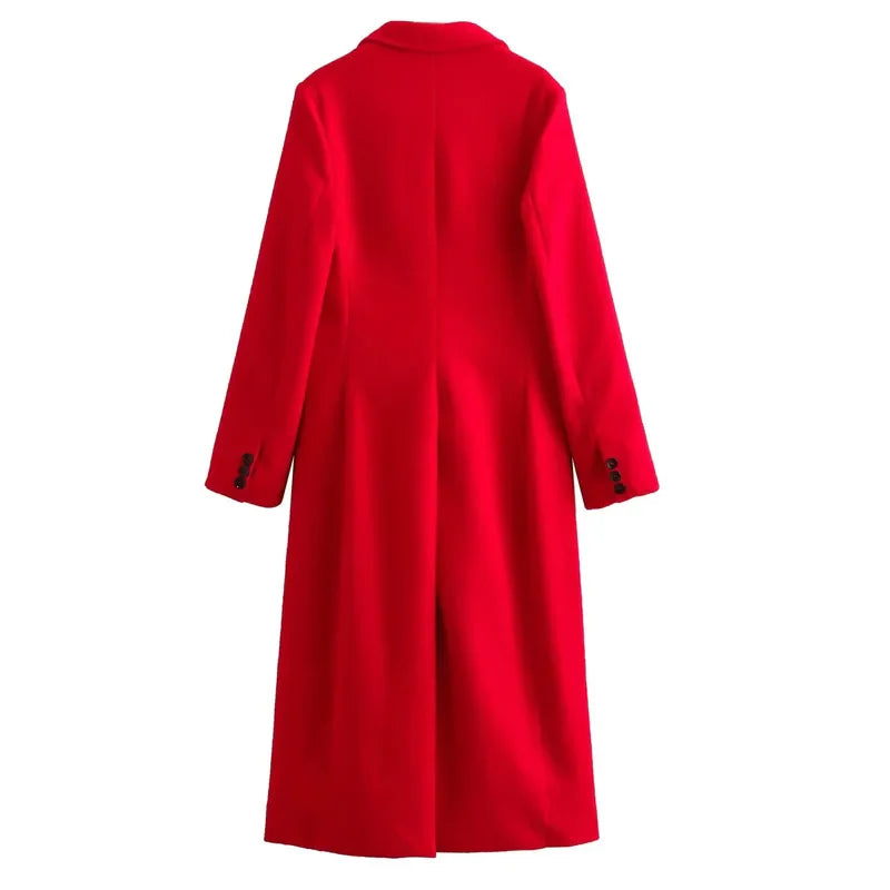 Sobretudo Feminino Longo em Lã Outono Vermelho