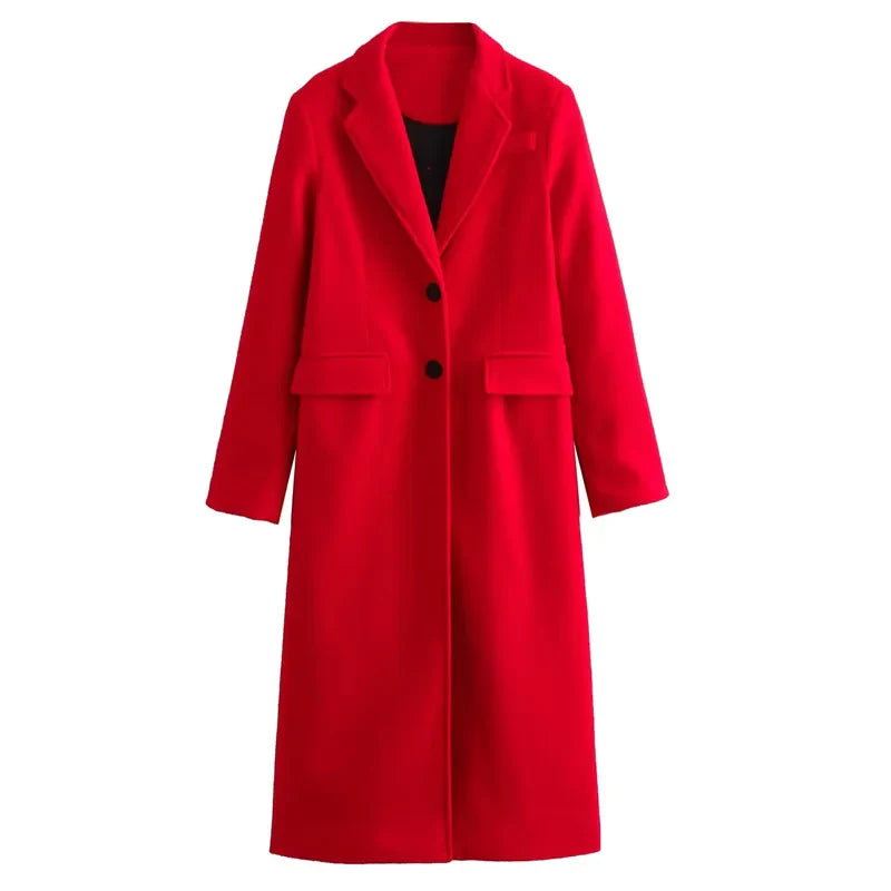 Sobretudo Feminino Longo em Lã Outono Vermelho