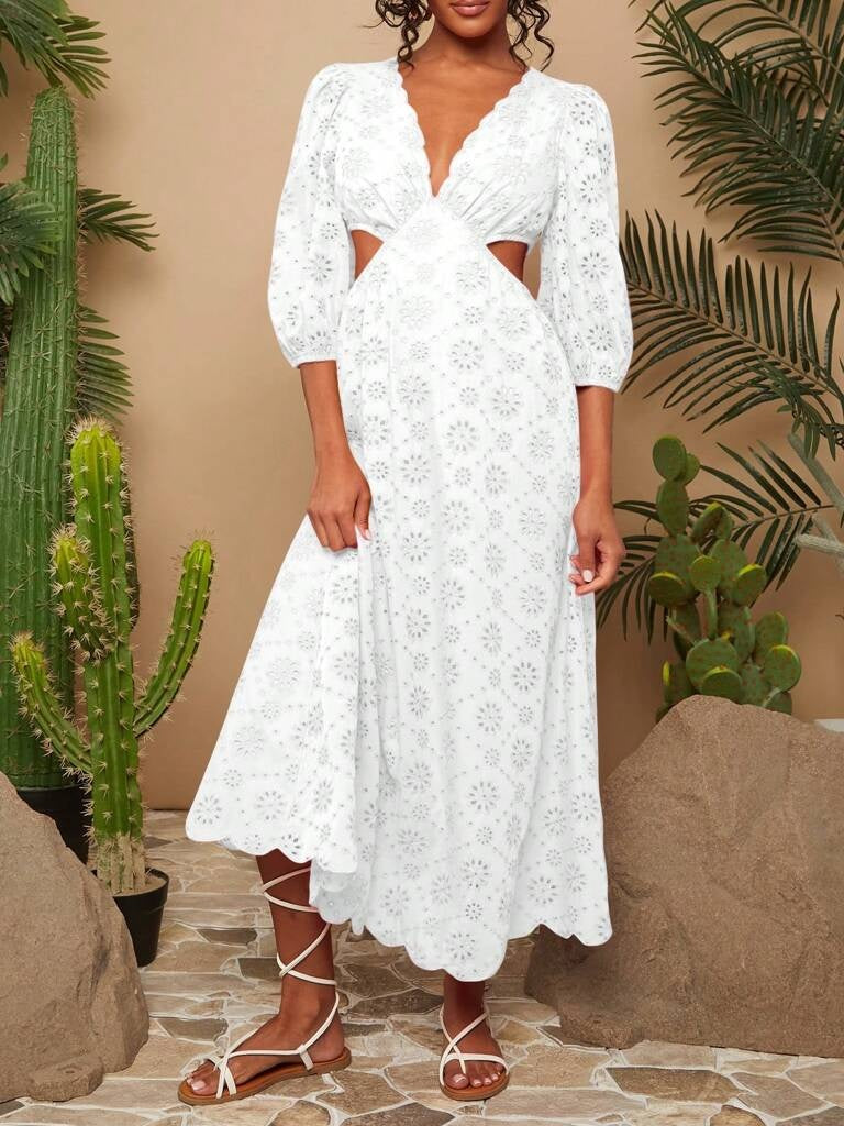 Vestido Branco Longo Decote em V Guiana