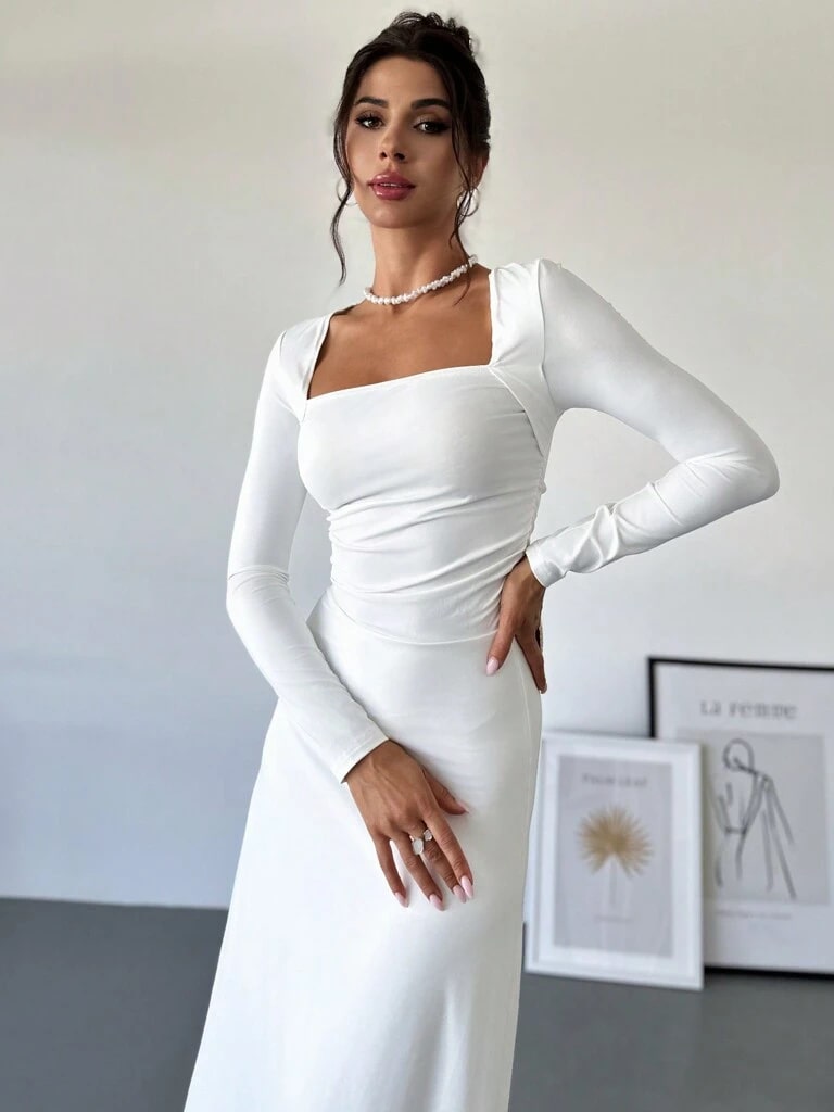 Vestido Branco Longo Plissado Yasmin