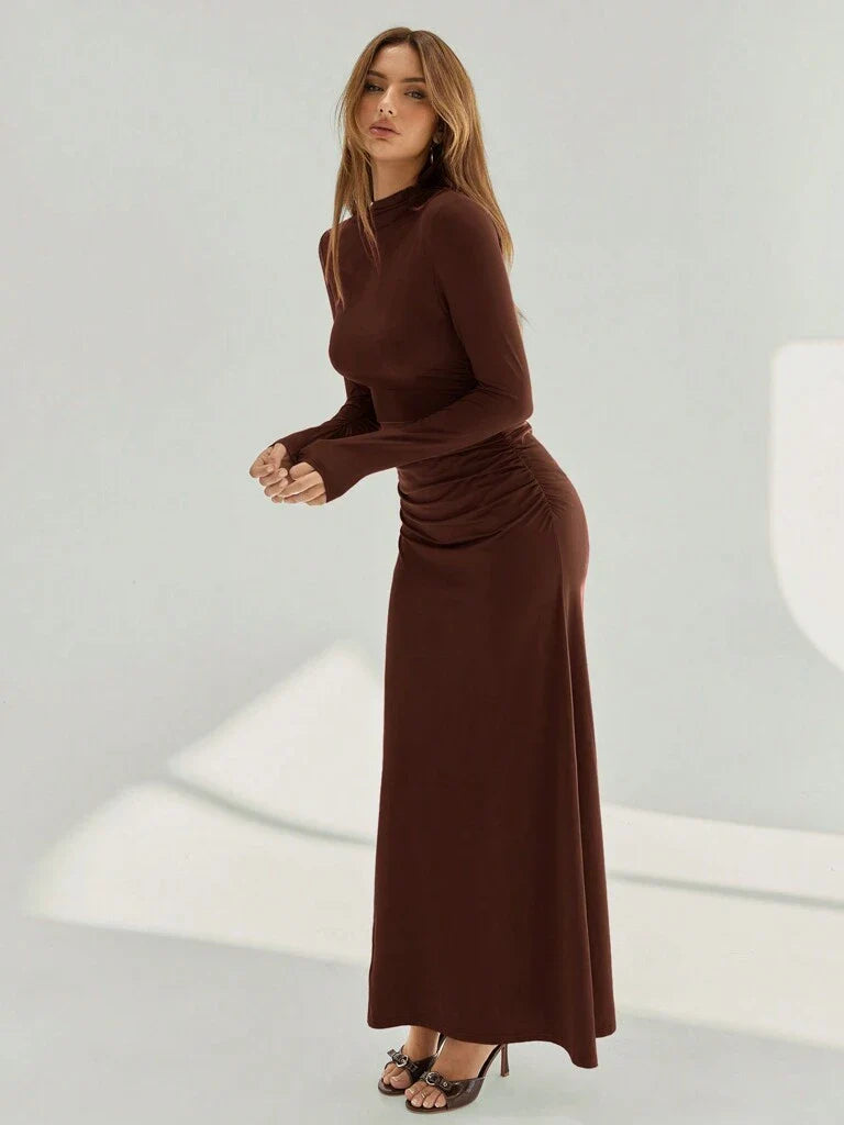 Vestido Longo Assimétrica e Franzida Marrom Anne