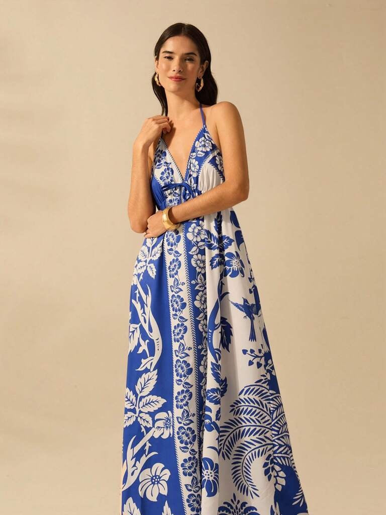 Vestido Longo Estampa Boêmia Azul Lille