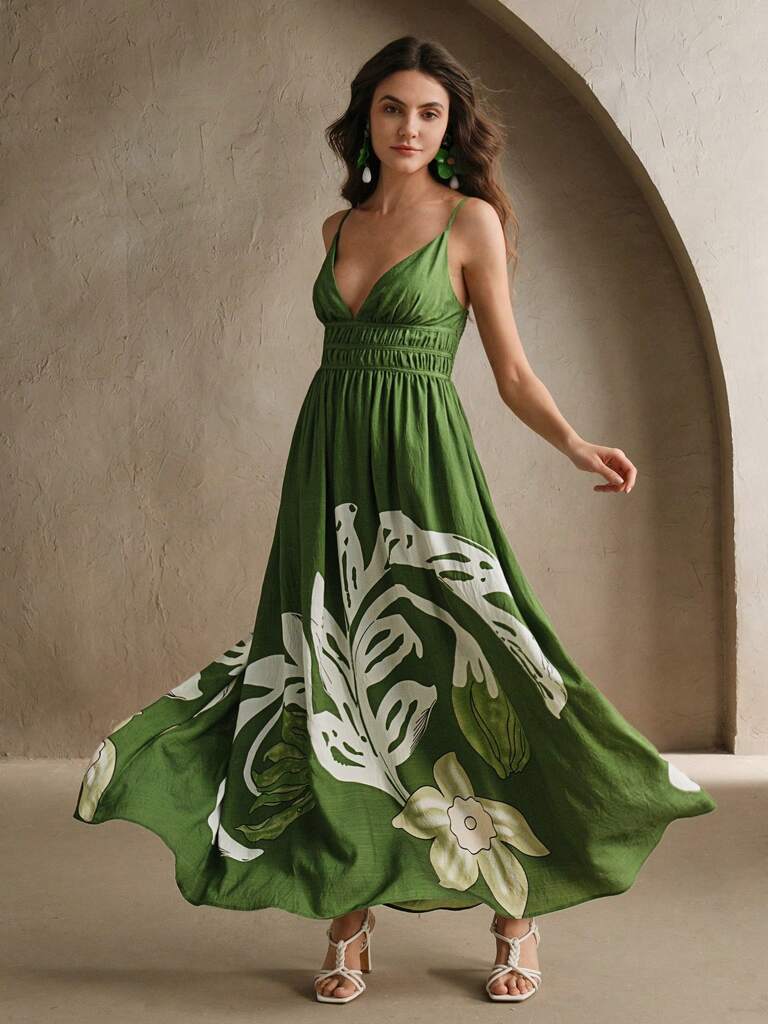 Vestido Longo Estampa Floral Decote em V Verde