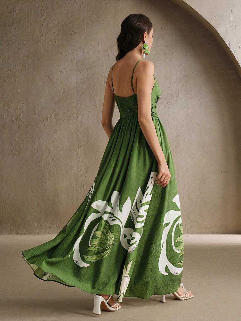 Vestido Longo Estampa Floral Decote em V Verde