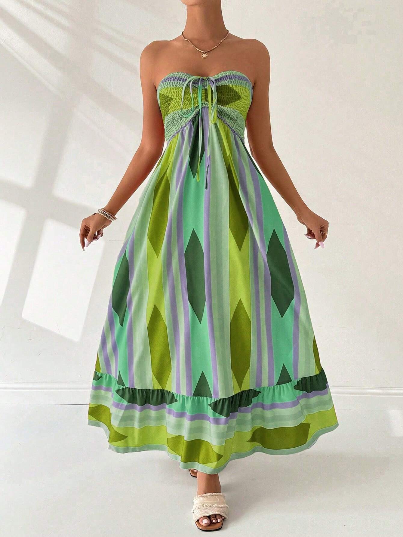Vestido Longo Estampa Geométrica Verde