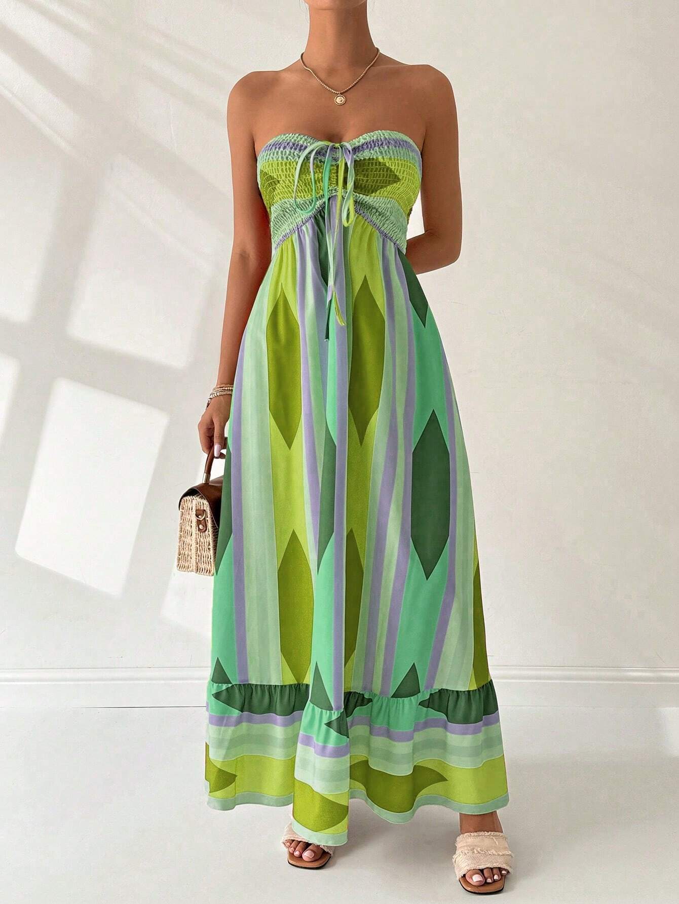Vestido Longo Estampa Geométrica Verde