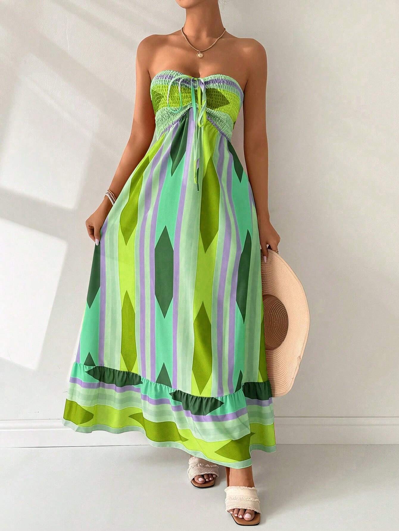 Vestido Longo Estampa Geométrica Verde