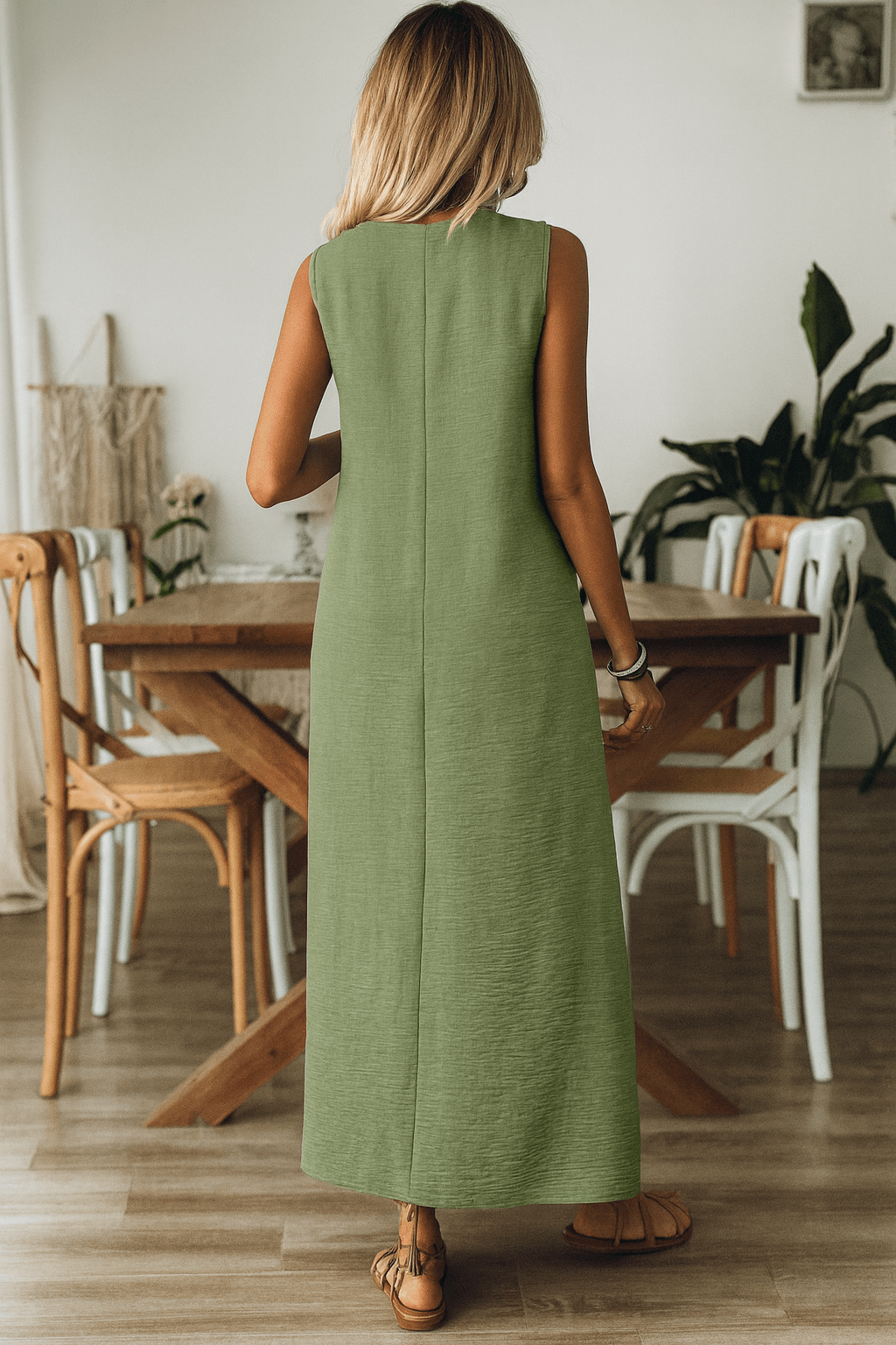 Vestido Longo Mangas com Decote Entalhado Verde